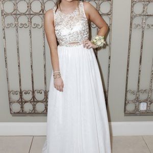 Dillard’s White and Gold Sequin Ball Gown
